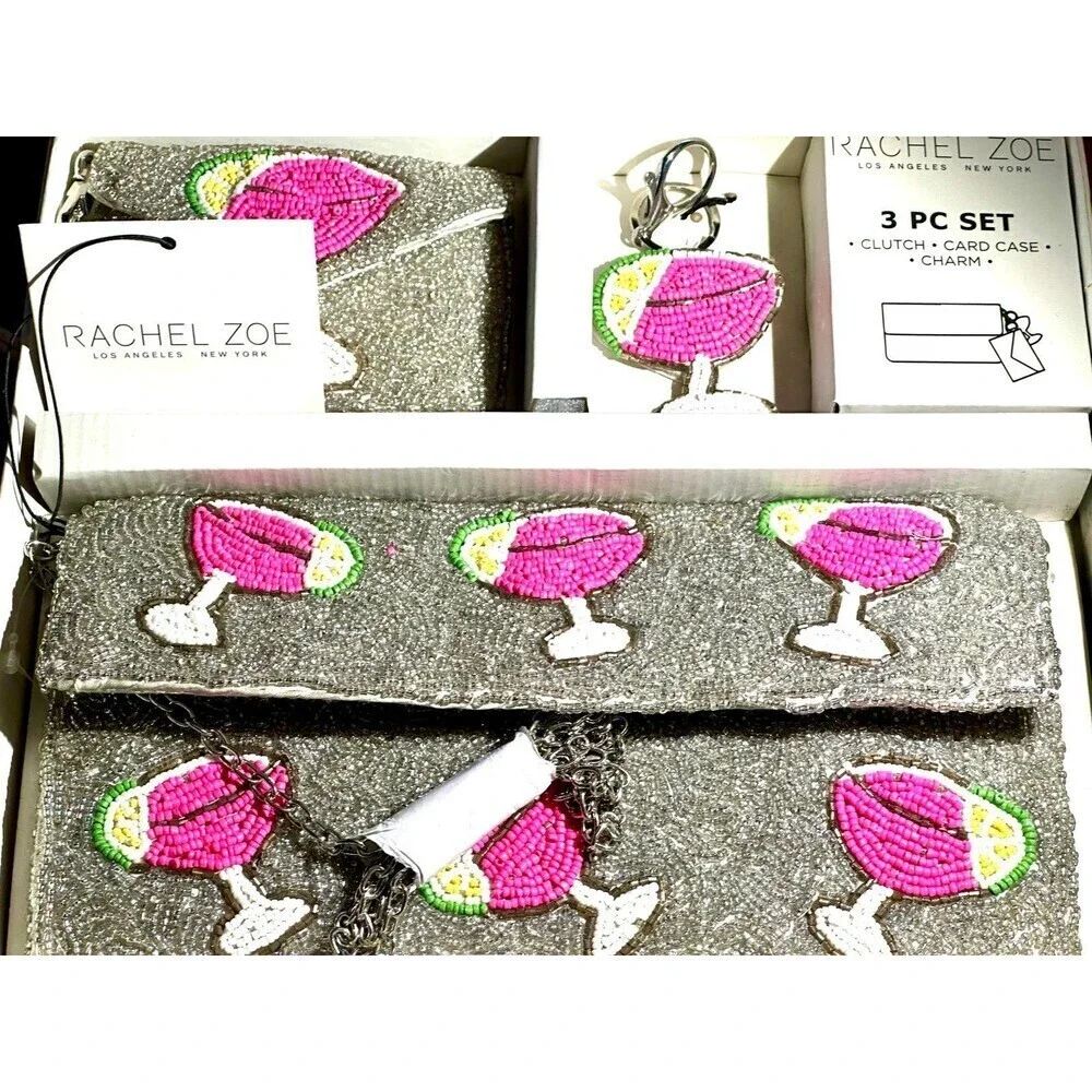 NWT RachelZoe Beaded 3pc set Margarita glass Clutch-Coin Purse & Keychain charm